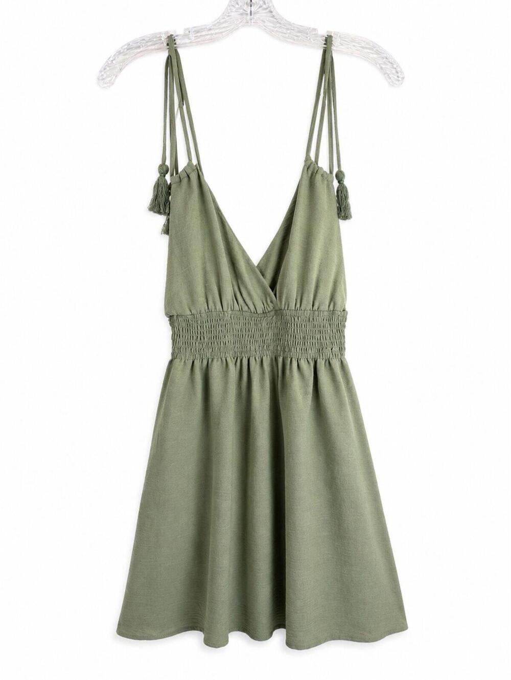 Inspired Hearts Sage Green Tassel Strap Sundress Womens Medium Smocked Boho